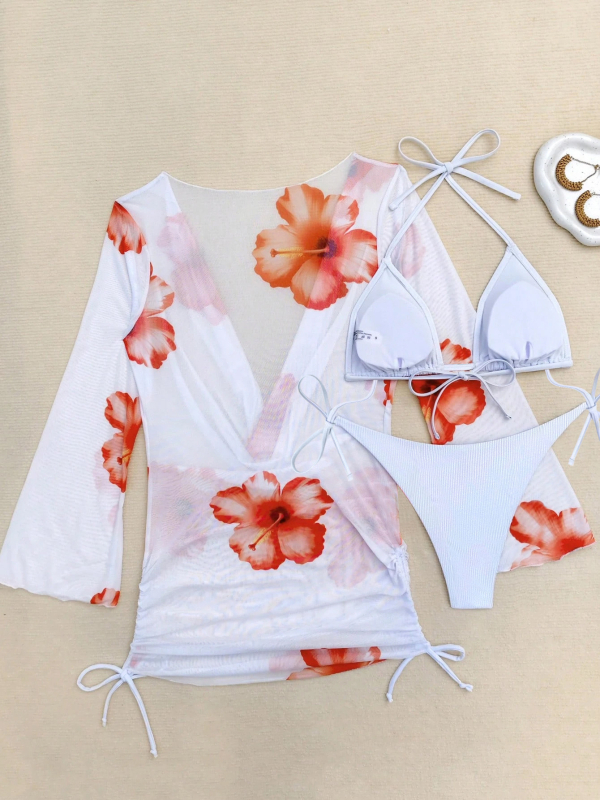 Ženski trodjelni plažni set: dugi rukav, bikini visokog struka, gornji dio s umetkom; mrežasti uzorak, bez leđa, visoka elastičnost; materijal 95% poliester, podstava 5% elastan