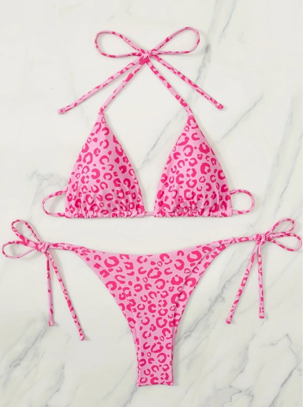 Ženski bikini set s halter vrhom, leopard uzorak, brzo sušenje, bez leđa, s jastučićem za prsima, poliester 82%