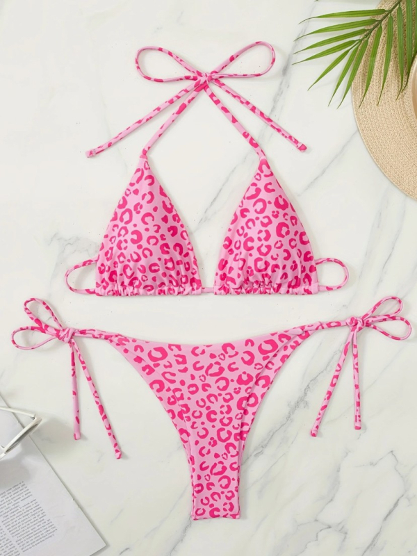 Ženski bikini set s halter vrhom, leopard uzorak, brzo sušenje, bez leđa, s jastučićem za prsima, poliester 82%