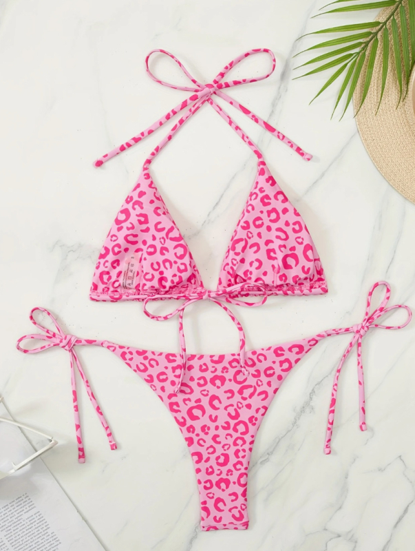 Ženski bikini set s halter vrhom, leopard uzorak, brzo sušenje, bez leđa, s jastučićem za prsima, poliester 82%
