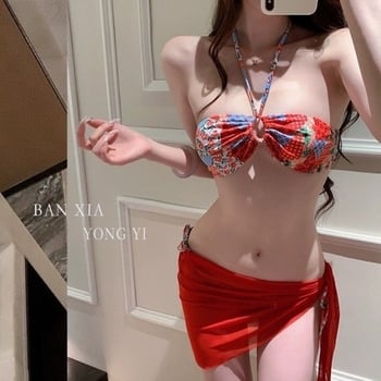 Ženski bezrameni bikini set s krugom i suknjom, trodijelni kupaći kostim, podstavljeni gornji dio, poliester-elastan