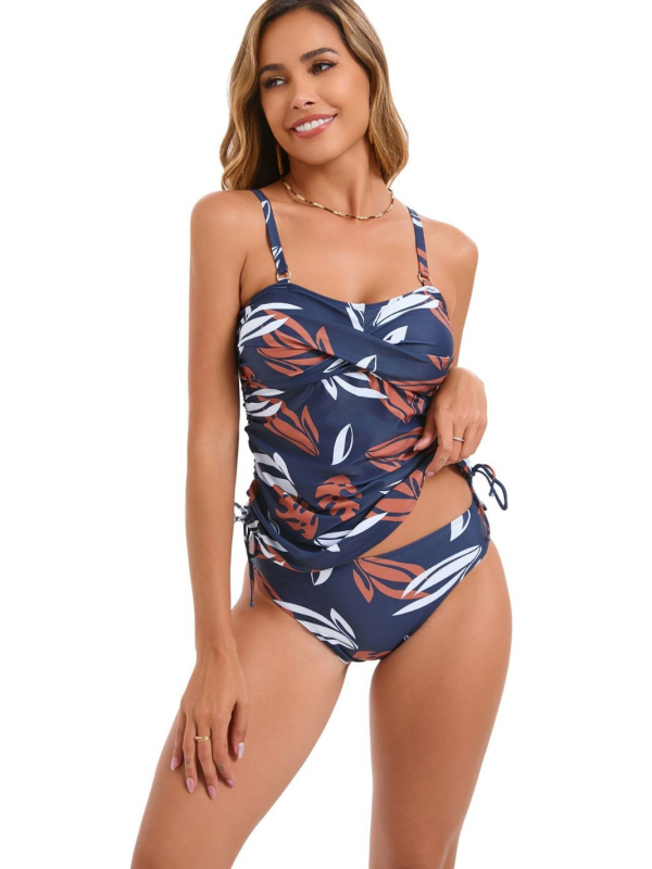 Ženski bikini set: visokih strukom s otiskom, gornji dio bez rukava s jastučićima za grudi, brzo sušeći poliester 82/18