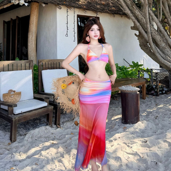 Sunset 2026 Trodijelni bikini set s mrežastom dugom suknom, otisak, s ulošcima u gornjem dijelu, brzo sušenje, visoka elastičnost