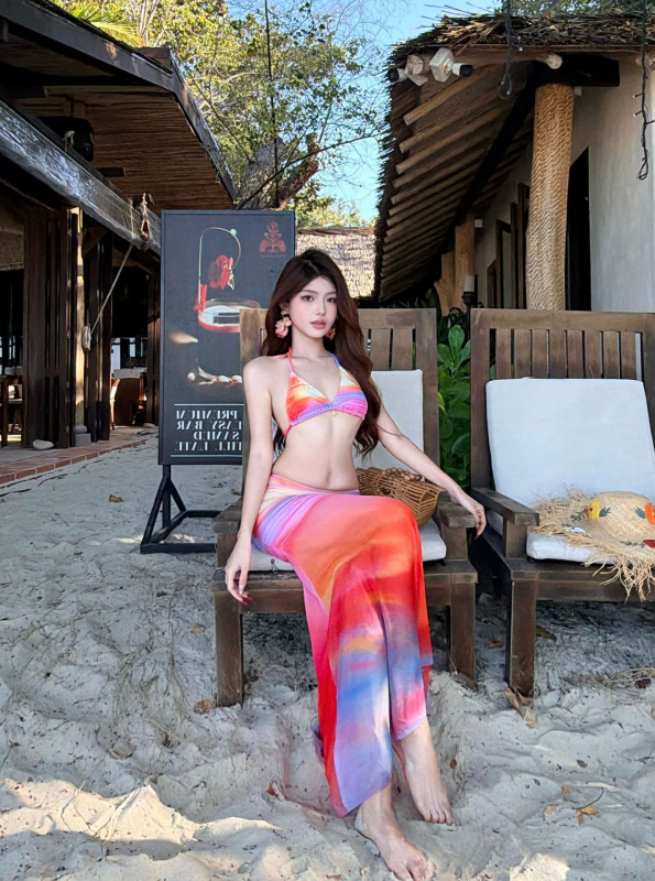 Sunset 2026 Trodijelni bikini set s mrežastom dugom suknom, otisak, s ulošcima u gornjem dijelu, brzo sušenje, visoka elastičnost