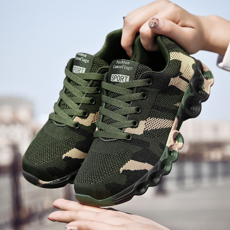Pantofi sport unisex cu imprimeu camuflaj, partea superioară din plasă respirabilă, talpă din cauciuc, ușori și confortabili, cu șireturi
