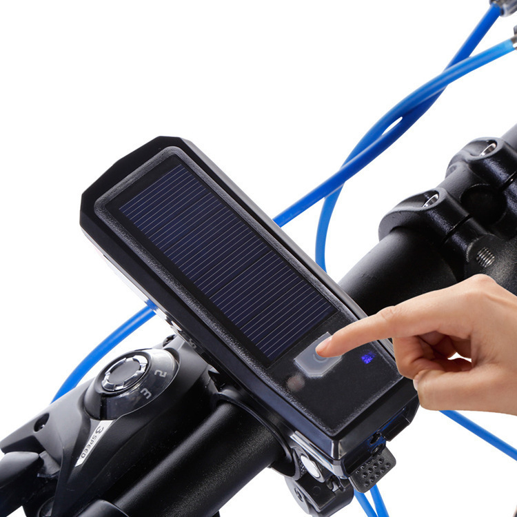Lumină frontală USB reîncărcabilă pentru bicicletă de munte, cu încărcare solară, senzor inteligent de lumină și claxon