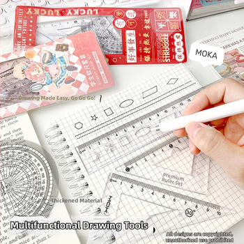 MOYL X710 Студентски комплект от четири линейки: праволинейна линейка, триъгълник, транспортир и вълнообразна линейка; пластмасова конструкция, сантиметрова скала, модел X710