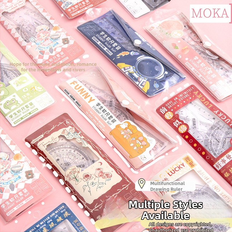 MOYL X710 Студентски комплект от четири линейки: праволинейна линейка, триъгълник, транспортир и вълнообразна линейка; пластмасова конструкция, сантиметрова скала, модел X710