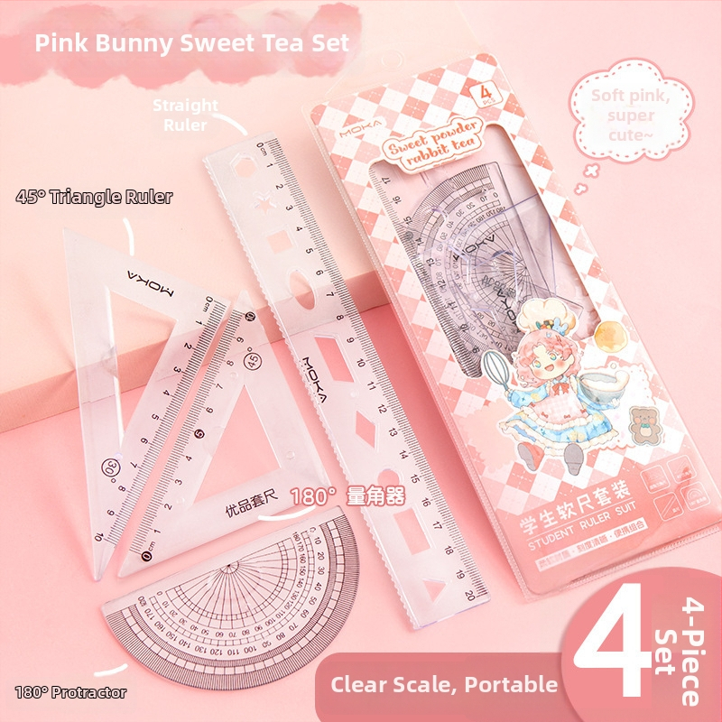 MOYL X710 Студентски комплект от четири линейки: праволинейна линейка, триъгълник, транспортир и вълнообразна линейка; пластмасова конструкция, сантиметрова скала, модел X710