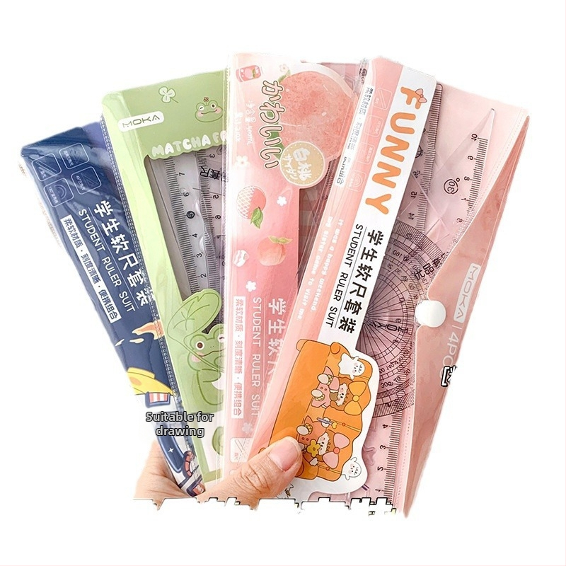 MOYL X710 Студентски комплект от четири линейки: праволинейна линейка, триъгълник, транспортир и вълнообразна линейка; пластмасова конструкция, сантиметрова скала, модел X710