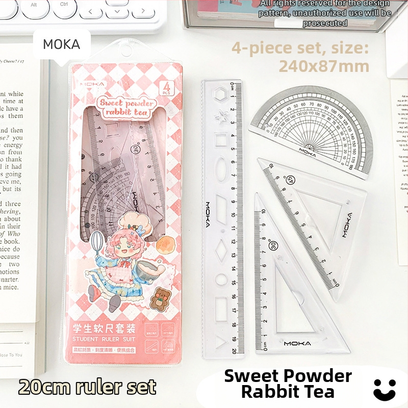 MOYL X710 Студентски комплект от четири линейки: праволинейна линейка, триъгълник, транспортир и вълнообразна линейка; пластмасова конструкция, сантиметрова скала, модел X710