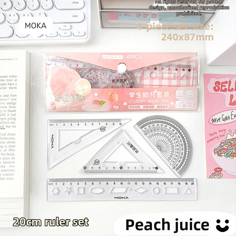 MOYL X710 Студентски комплект от четири линейки: праволинейна линейка, триъгълник, транспортир и вълнообразна линейка; пластмасова конструкция, сантиметрова скала, модел X710