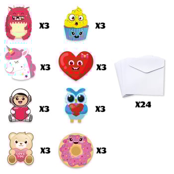 WS-YAHANART Ден на Свети Валентин DIY комплект за поздравителни картички – крафт хартия, четирицветен печат, включва 24 празни картички, 24 плика, 24 тату стикери и 3 стикера