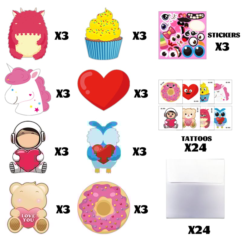 WS-YAHANART Ден на Свети Валентин DIY комплект за поздравителни картички – крафт хартия, четирицветен печат, включва 24 празни картички, 24 плика, 24 тату стикери и 3 стикера