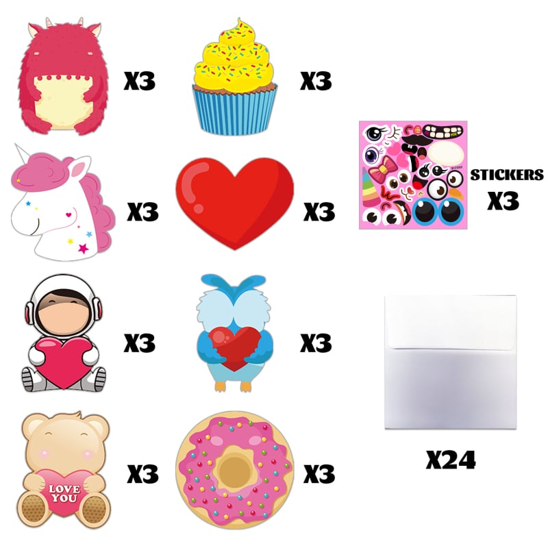 WS-YAHANART Ден на Свети Валентин DIY комплект за поздравителни картички – крафт хартия, четирицветен печат, включва 24 празни картички, 24 плика, 24 тату стикери и 3 стикера