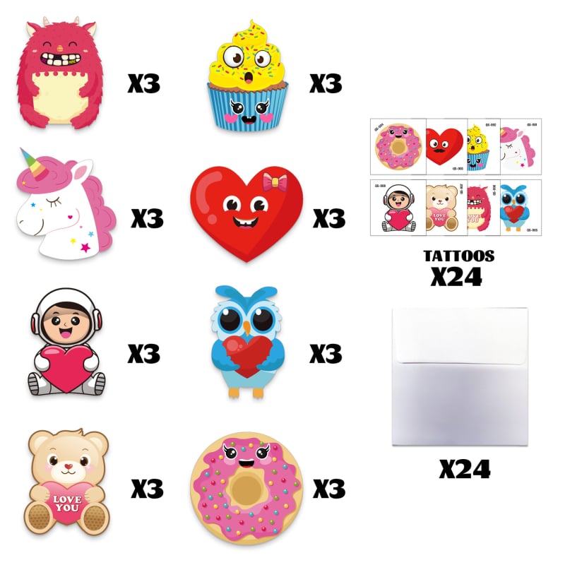 WS-YAHANART Ден на Свети Валентин DIY комплект за поздравителни картички – крафт хартия, четирицветен печат, включва 24 празни картички, 24 плика, 24 тату стикери и 3 стикера