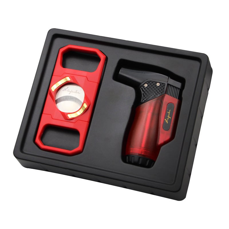 Lafuli szivarolló és öngyújtó készlet, hordozható kezdőknek, 2 részes műanyag készlet, logó nyomtatás elérhető, ajándékba megfelelő