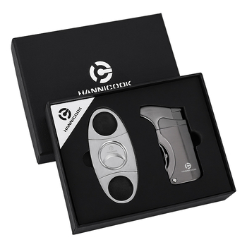 Szivarolló és szélvédett öngyújtó készlet, cinkötvözet, bután, beépített világítás