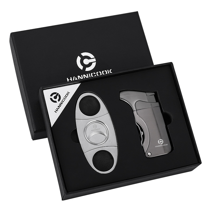 Szivarolló és szélvédett öngyújtó készlet, cinkötvözet, bután, beépített világítás