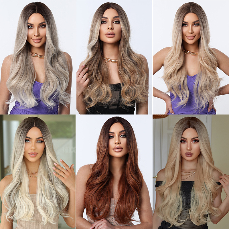 Perucă lungă buclată cu breton - fibre rezistente la temperatură, stil exotic