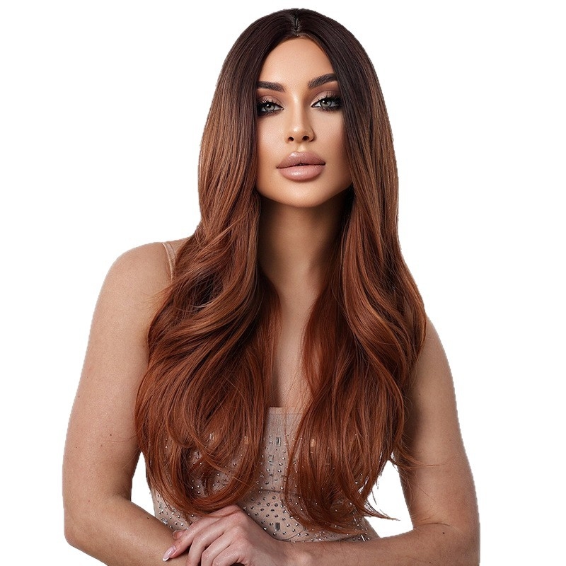 Perucă lungă buclată cu breton - fibre rezistente la temperatură, stil exotic