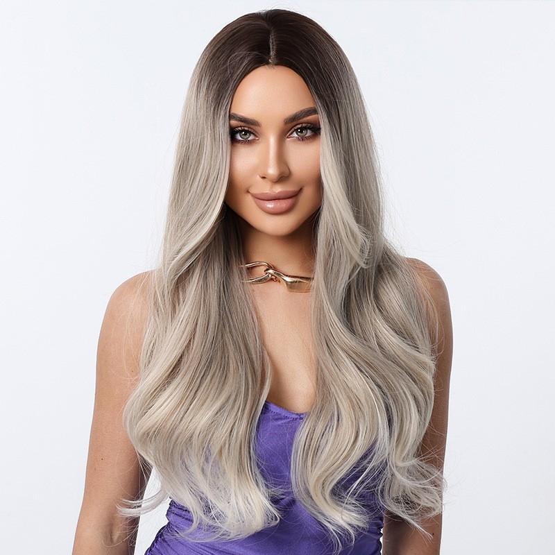 Perucă lungă buclată cu breton - fibre rezistente la temperatură, stil exotic