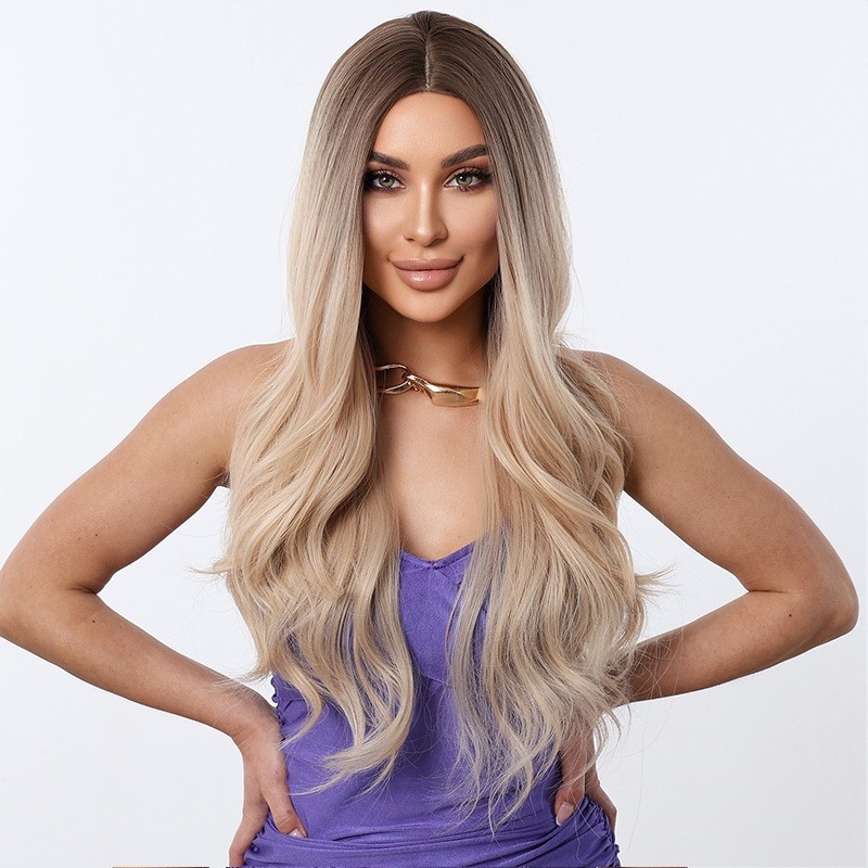 Perucă lungă buclată cu breton - fibre rezistente la temperatură, stil exotic