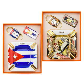 LUBINSKI set de trei piese pentru țigări: brichetă rezistentă la vânt, cenușar cu patru compartimente, foarfecă cu lamă dublă, construcție metalică