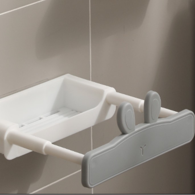 Raft extensibil patentat pentru chiuvetă, pliabil și rotativ, din plastic, organizator de baie, montaj fără găuri cu adeziv