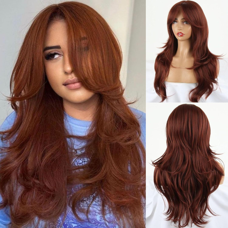 Perucă: păr lung buclat, bretonă cu opt caractere, stil cu valuri mari, mai multe niveluri, fibre rezistente la temperatură