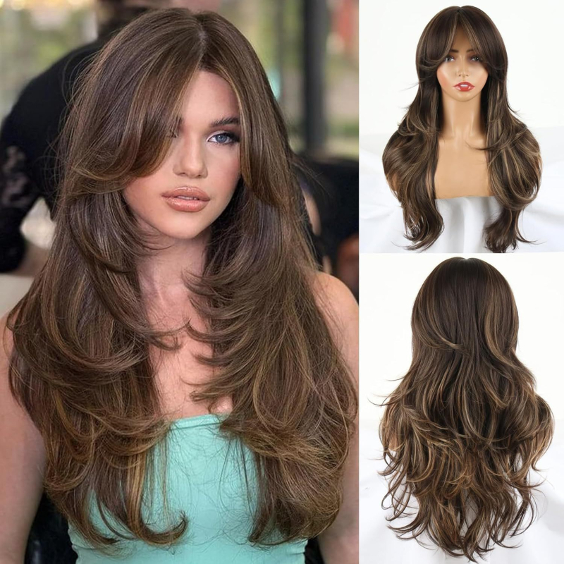 Perucă: păr lung buclat, bretonă cu opt caractere, stil cu valuri mari, mai multe niveluri, fibre rezistente la temperatură