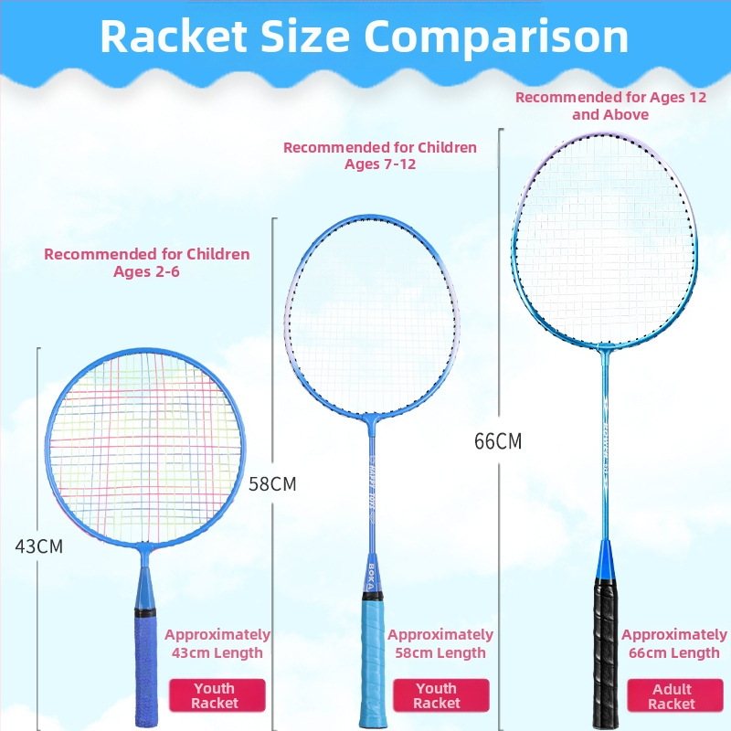 Detská raketa na badminton s posilnenou odolnosťou – pre deti vo veku 2–12 rokov, rám: železná zliatina, hmotnosť 95–100 g, nylonové šnúry