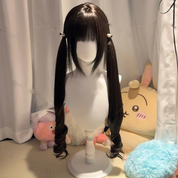 Perucă pentru femei cu cozi duble, păr lung și buclat, fibre rezistente la temperatură, Qi bangs, acoperire de cap Lolita