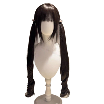 Perucă pentru femei cu cozi duble, păr lung și buclat, fibre rezistente la temperatură, Qi bangs, acoperire de cap Lolita