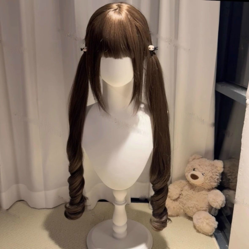 Perucă pentru femei cu cozi duble, păr lung și buclat, fibre rezistente la temperatură, Qi bangs, acoperire de cap Lolita