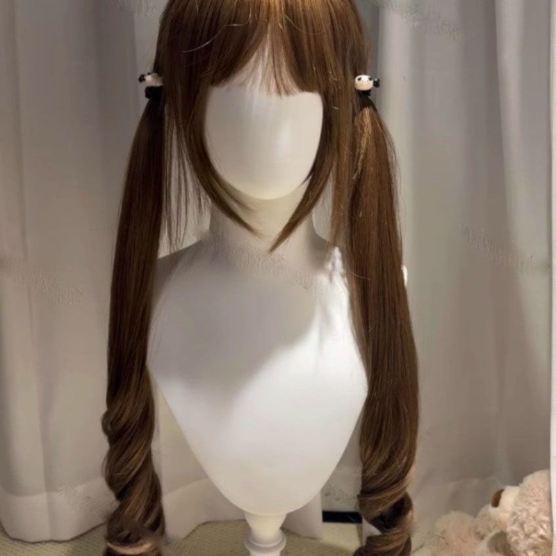 Perucă pentru femei cu cozi duble, păr lung și buclat, fibre rezistente la temperatură, Qi bangs, acoperire de cap Lolita