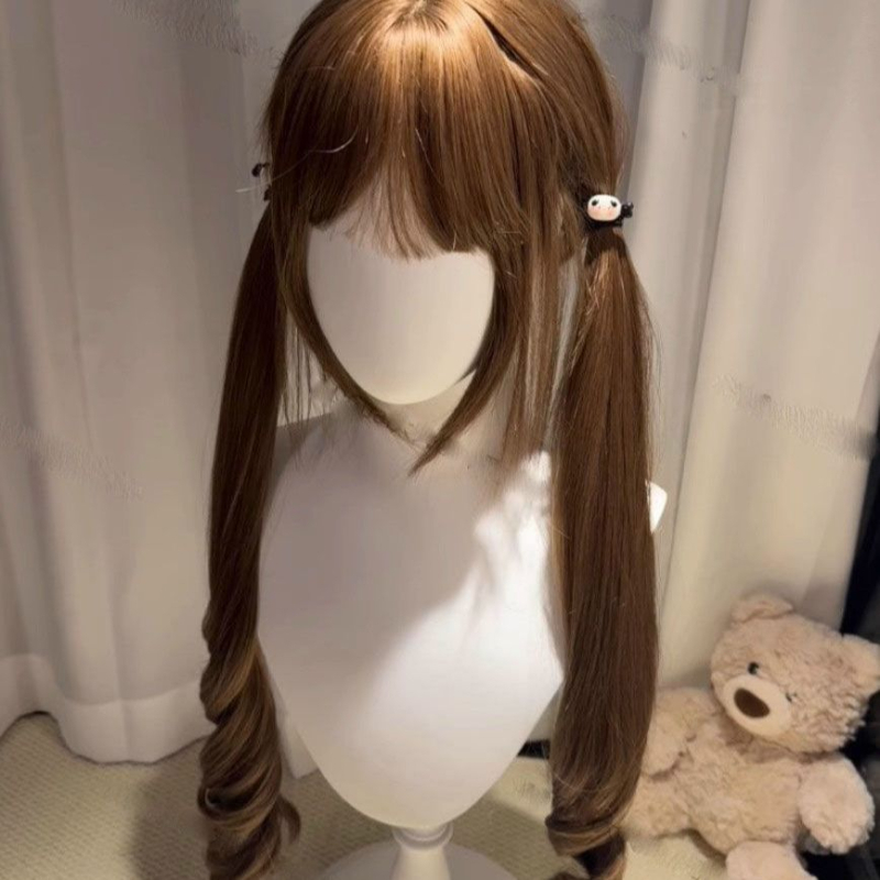 Perucă pentru femei cu cozi duble, păr lung și buclat, fibre rezistente la temperatură, Qi bangs, acoperire de cap Lolita