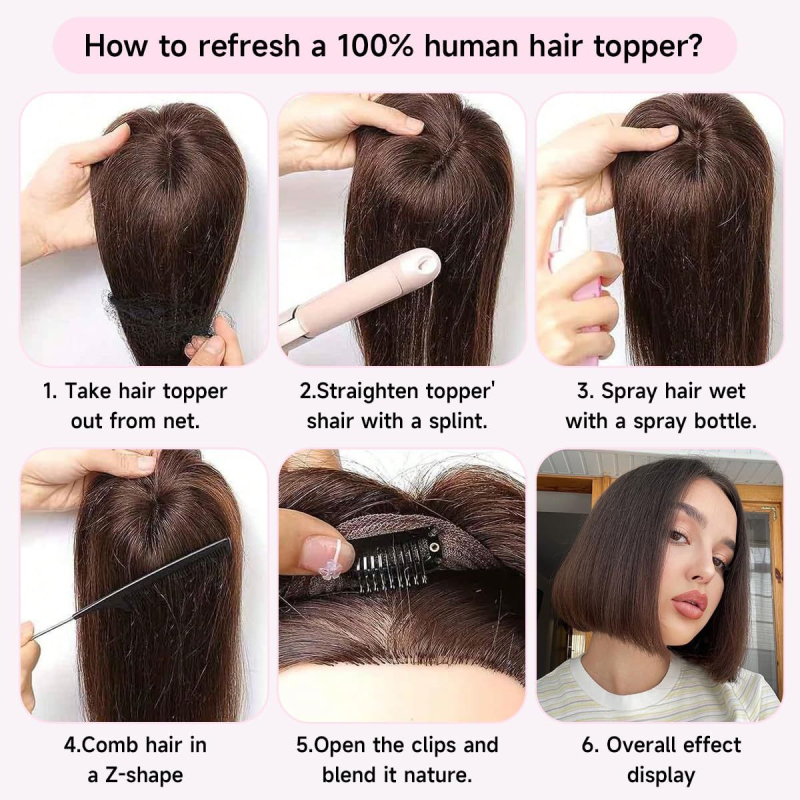 Top de păr țesut manual din păr uman, model 7×9 tip T, păr scurt drept, nu poate fi vopsit sau periat, oferă volum la creștet, stil european-american