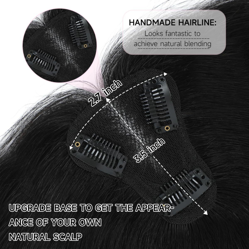 Top de păr țesut manual din păr uman, model 7×9 tip T, păr scurt drept, nu poate fi vopsit sau periat, oferă volum la creștet, stil european-american