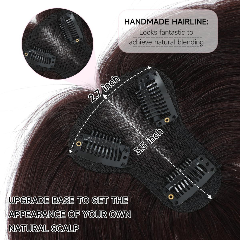 Top de păr țesut manual din păr uman, model 7×9 tip T, păr scurt drept, nu poate fi vopsit sau periat, oferă volum la creștet, stil european-american