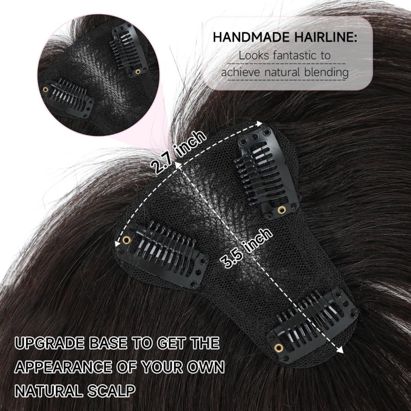 Top de păr țesut manual din păr uman, model 7×9 tip T, păr scurt drept, nu poate fi vopsit sau periat, oferă volum la creștet, stil european-american