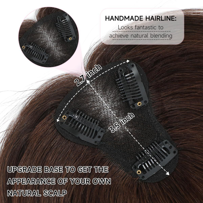 Top de păr țesut manual din păr uman, model 7×9 tip T, păr scurt drept, nu poate fi vopsit sau periat, oferă volum la creștet, stil european-american