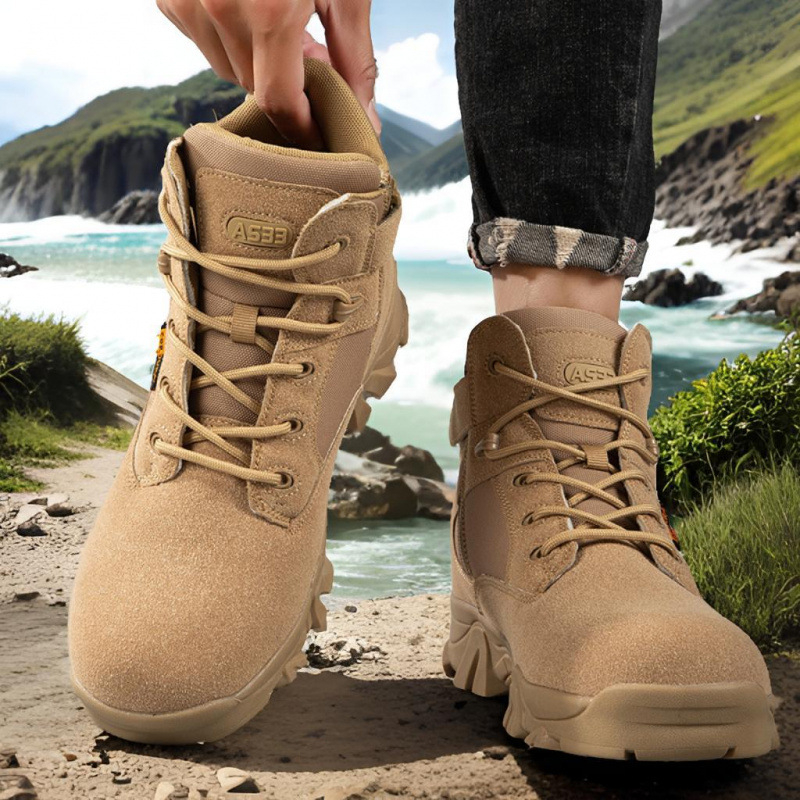 Pantofi de drumeție pentru bărbați, talpă joasă, din piele de vițel, talpă exterioară din cauciuc rezistent la abraziune, talpă intermediară din cauciuc, căptușeală din plasă, închidere cu șireturi în față