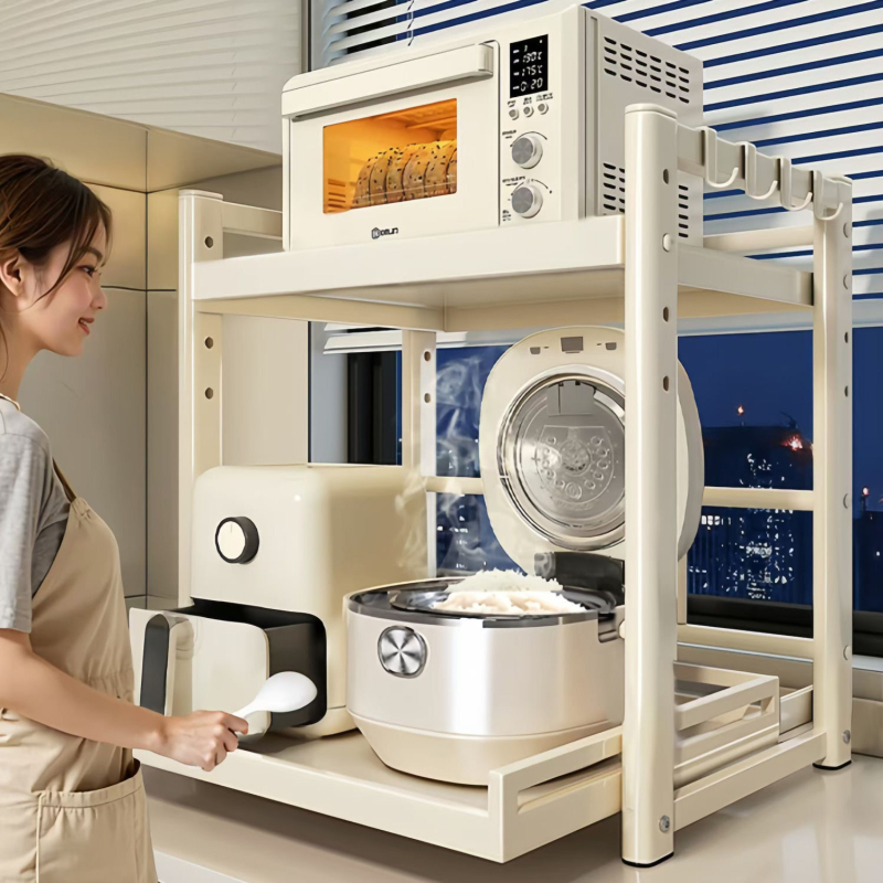 Kuchynský pultový vysúvací skladovací stojan — multifunkčný pre hrniec na ryžu, rúru a fritézu s vzduchovým varom; uhlíková oceľ; model: vysúvací skladovací stojan; štýl: moderná jednoduchosť; spracovanie: prispôsobené vzorky