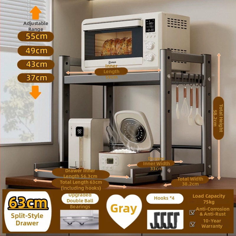 Kuchynský pultový vysúvací skladovací stojan — multifunkčný pre hrniec na ryžu, rúru a fritézu s vzduchovým varom; uhlíková oceľ; model: vysúvací skladovací stojan; štýl: moderná jednoduchosť; spracovanie: prispôsobené vzorky