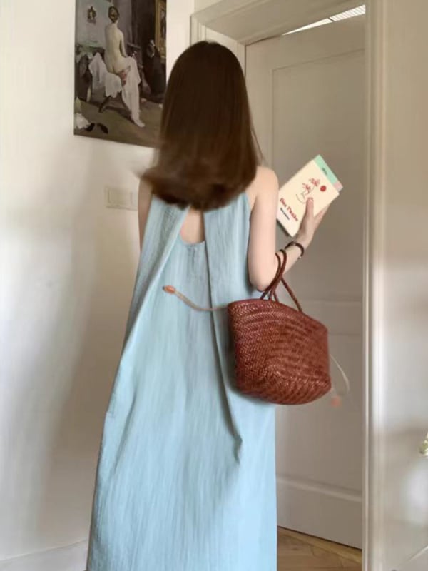 Rochie A-line fără mâneci, guler rotund, talie înaltă, din poliester