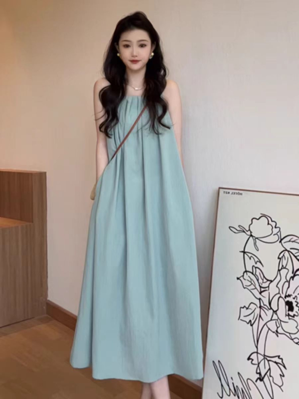 Rochie A-line fără mâneci, guler rotund, talie înaltă, din poliester