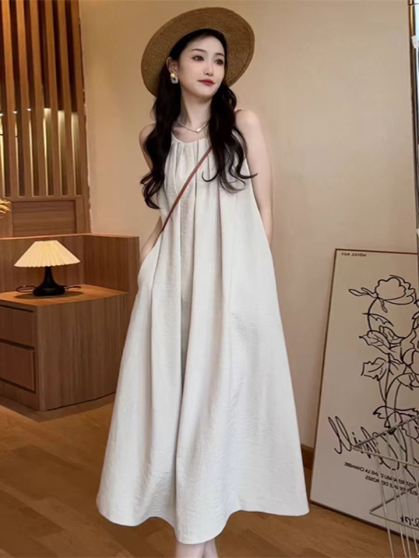 Rochie A-line fără mâneci, guler rotund, talie înaltă, din poliester