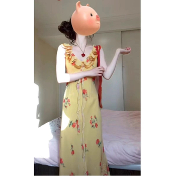 Rochie cu fustă în formă de frunză de lotus, decolteu în V, fără mâneci, lungă, poliester