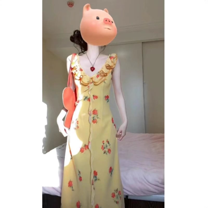 Rochie cu fustă în formă de frunză de lotus, decolteu în V, fără mâneci, lungă, poliester